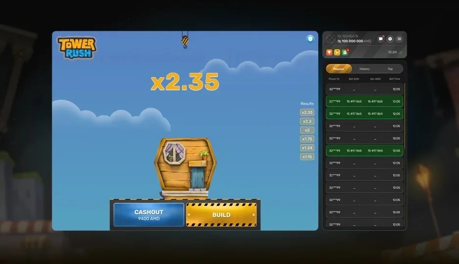 Tower Rush screenshot 1 — the plot before the first floor drops — stake controls at the bottom of the screen