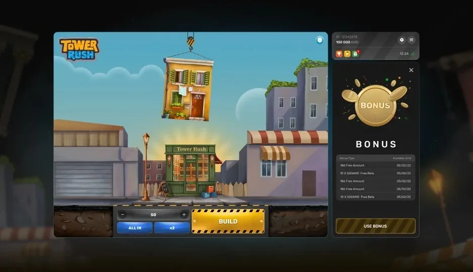 Tower Rush screenshot 2 — a tower mid-round with the accumulated odds shown above the crane