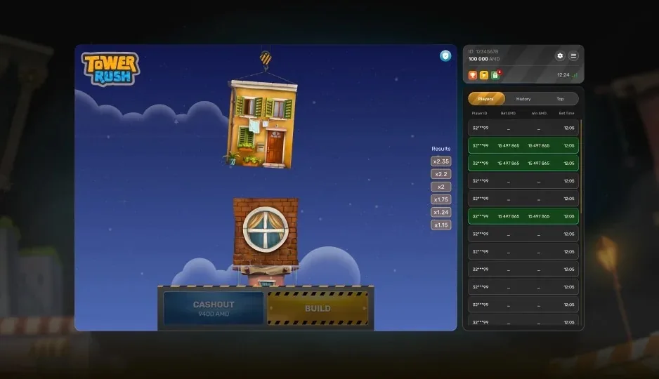 Tower Rush screenshot 3 — a bonus floor revealed after landing, with the wheel about to open