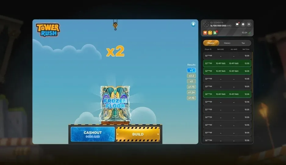 Tower Rush screenshot 4 — the cash-out confirmation and the amount credited to the balance