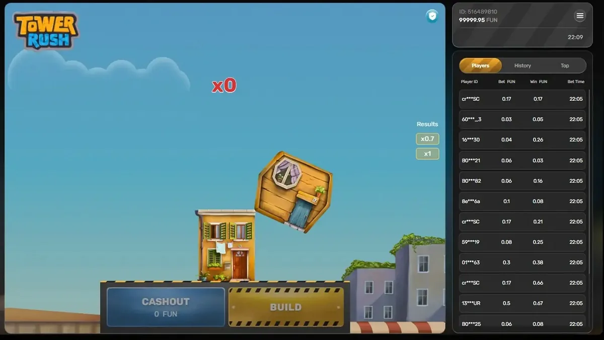 Tower Rush tower collapse — the round ending with the stake lost