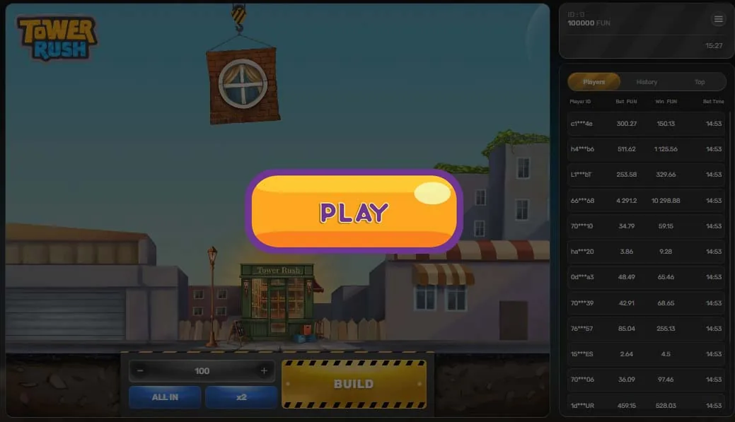 Tower Rush demo launch screen — play free with no registration