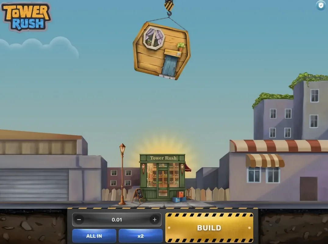 Tower Rush gameplay — floors stacked by the crane with the running multiplier on screen