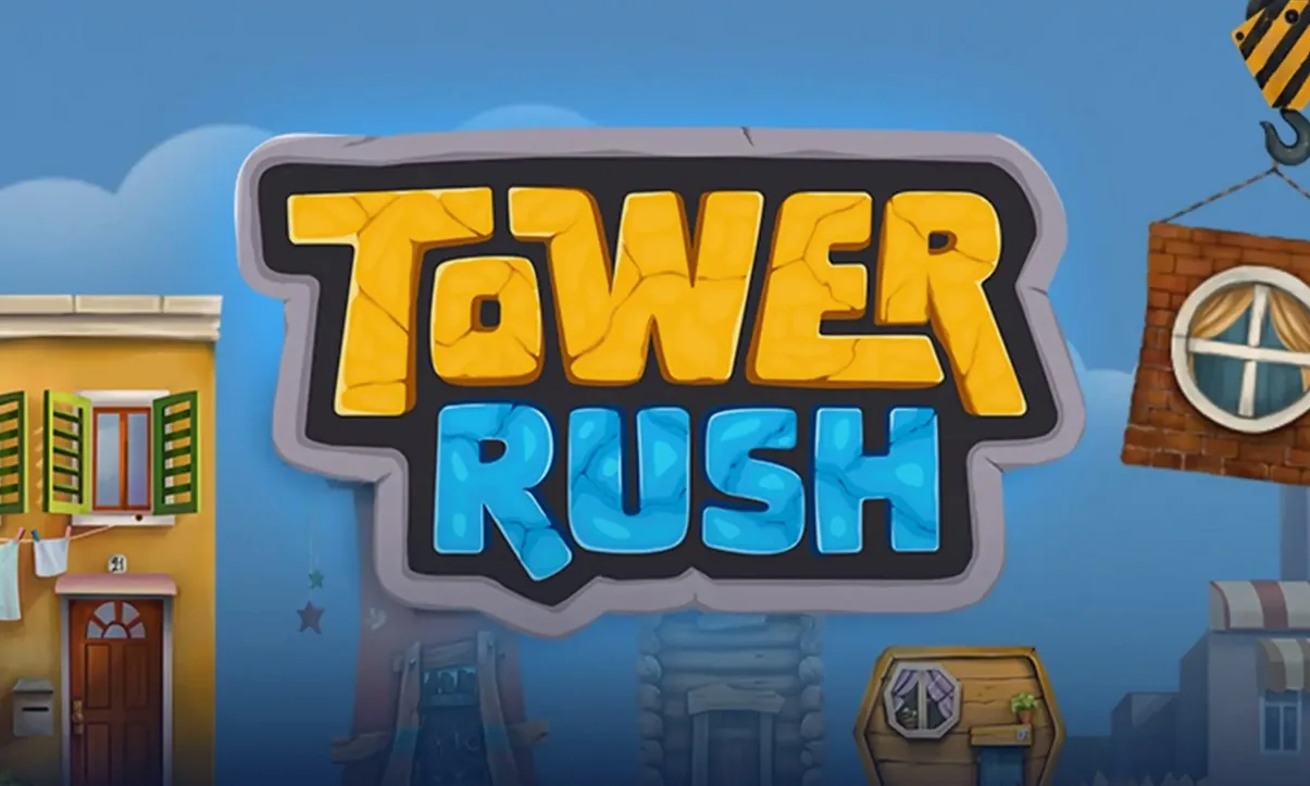 Tower Rush crash game by Galaxsys — title screen with the construction crane