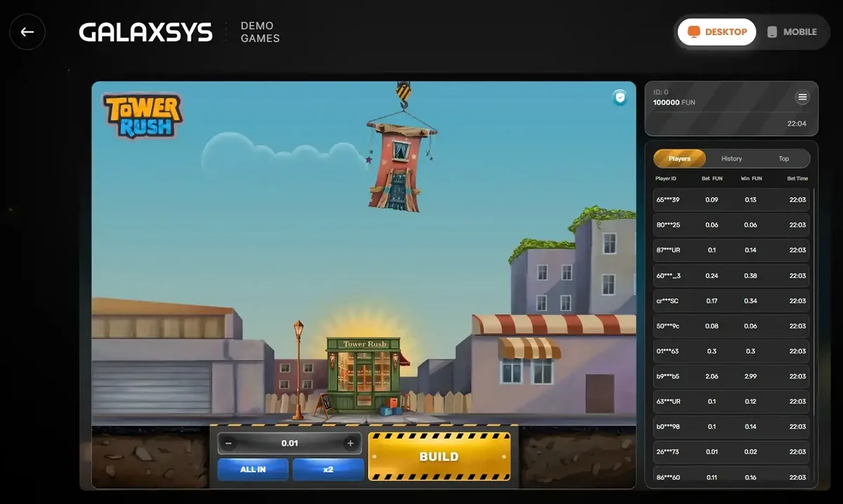 Tower Rush game screen with the running odds, potential payout and build controls labelled